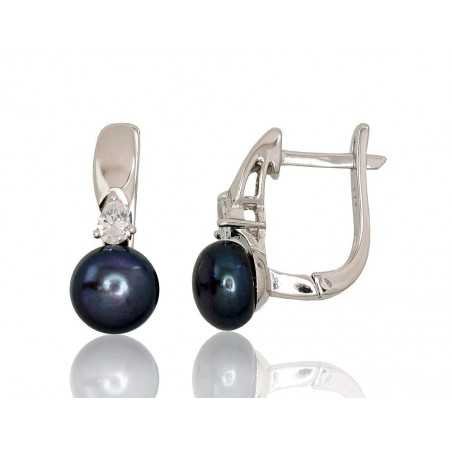 925°, Silver earrings with english lock, Zirkons , Fresh-water Pearl , 2202918(PRh-Gr)_CZ+PE-BK