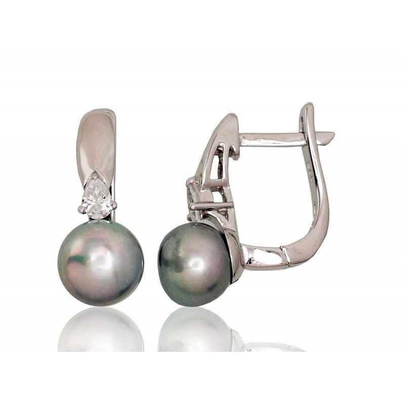 925°, Silver earrings with english lock, Zirkons , Fresh-water Pearl , 2202918(PRh-Gr)_CZ+PE-GR