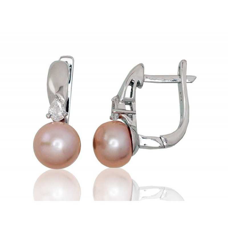 925°, Silver earrings with english lock, Zirkons , Fresh-water Pearl , 2202918(PRh-Gr)_CZ+PE-PI