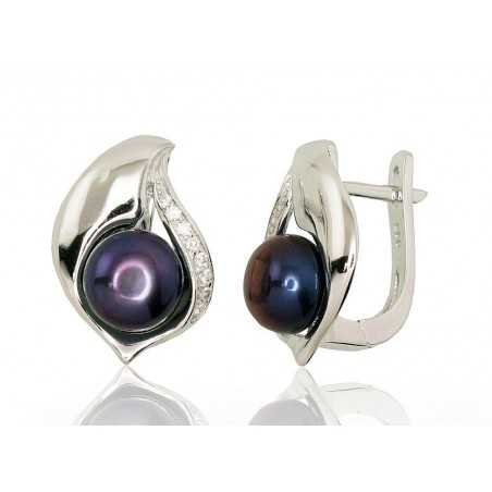 925°, Silver earrings with english lock, Zirkons , Fresh-water Pearl , 2202920(PRh-Gr)_CZ+PE-BK