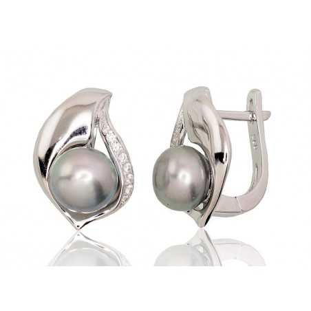 925°, Silver earrings with english lock, Zirkons , Fresh-water Pearl , 2202920(PRh-Gr)_CZ+PE-GR