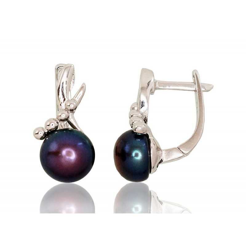 925°, Silver earrings with english lock, Fresh-water Pearl , 2202922(PRh-Gr)_PE-BK