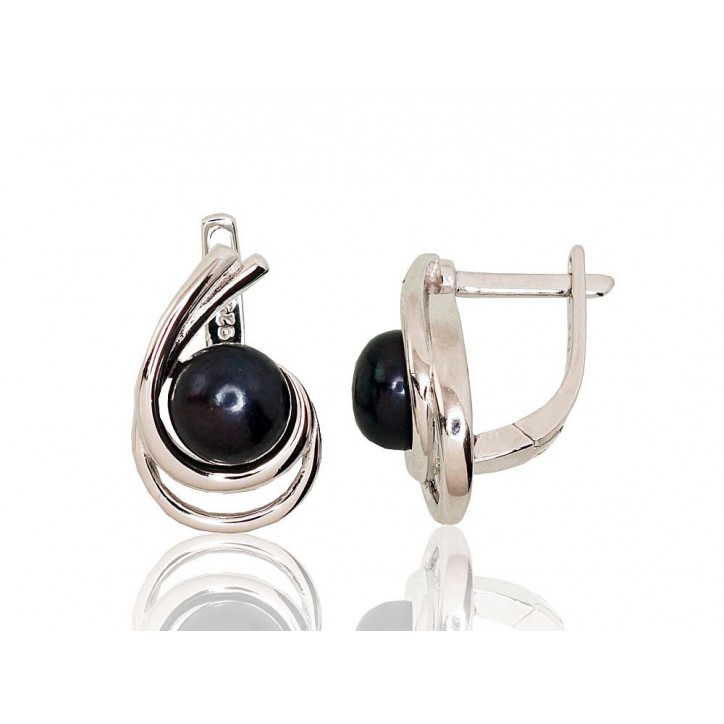 925°, Silver earrings with english lock, Fresh-water Pearl , 2202923(PRh-Gr)_PE-BK