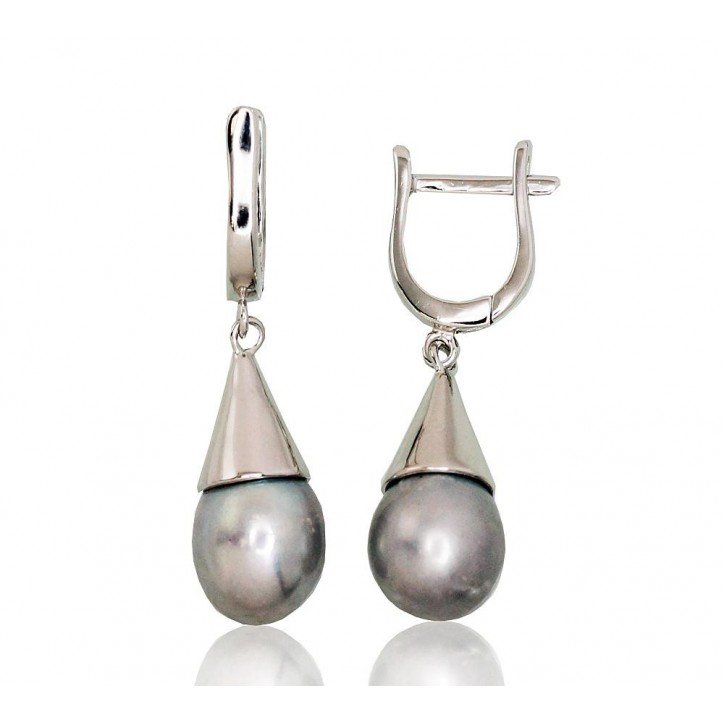 925°, Silver earrings with english lock, Fresh-water Pearl , 2202925(PRh-Gr)_PE-GR