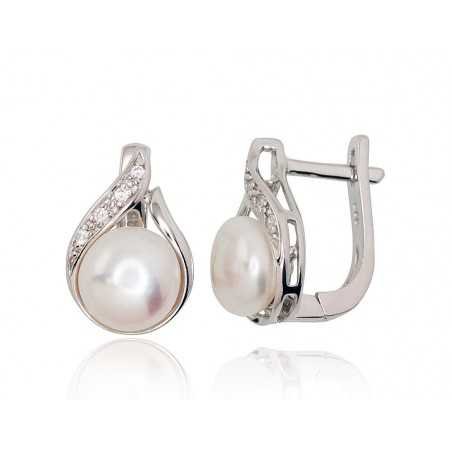 925°, Silver earrings with english lock, Zirkons , Fresh-water Pearl , 2202926(PRh-Gr)_CZ+PE