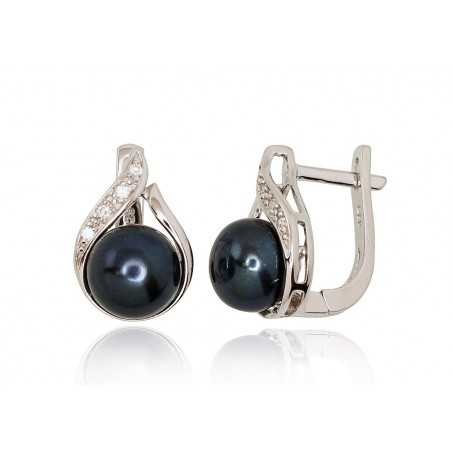 925°, Silver earrings with english lock, Zirkons , Fresh-water Pearl , 2202926(PRh-Gr)_CZ+PE-BK