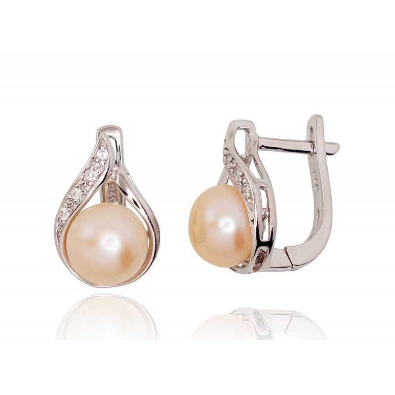 925°, Silver earrings with english lock, Zirkons , Fresh-water Pearl , 2202926(PRh-Gr)_CZ+PE-PI