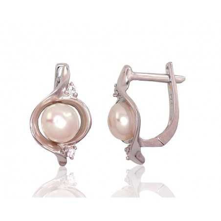 925°, Silver earrings with english lock, Zirkons , Fresh-water Pearl , 2202929(PRh-Gr)_CZ+PE