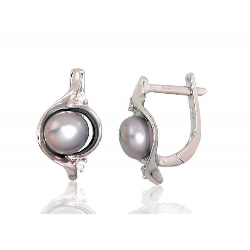 925°, Silver earrings with english lock, Zirkons , Fresh-water Pearl , 2202929(PRh-Gr)_CZ+PE-GR