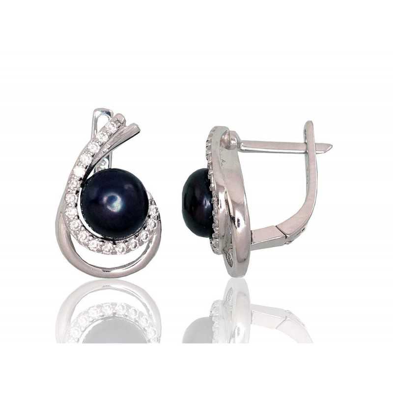 925°, Silver earrings with english lock, Zirkons , Fresh-water Pearl , 2202932(PRh-Gr)_CZ+PE-BK