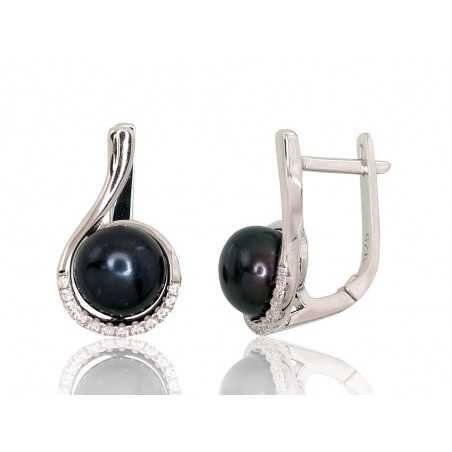 925°, Silver earrings with english lock, Zirkons , Fresh-water Pearl , 2202933(PRh-Gr)_CZ+PE-BK