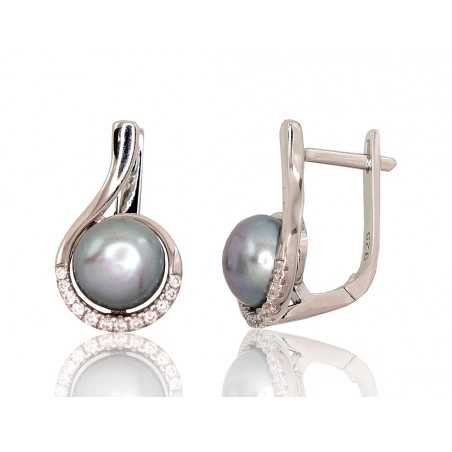 925°, Silver earrings with english lock, Zirkons , Fresh-water Pearl , 2202933(PRh-Gr)_CZ+PE-GR