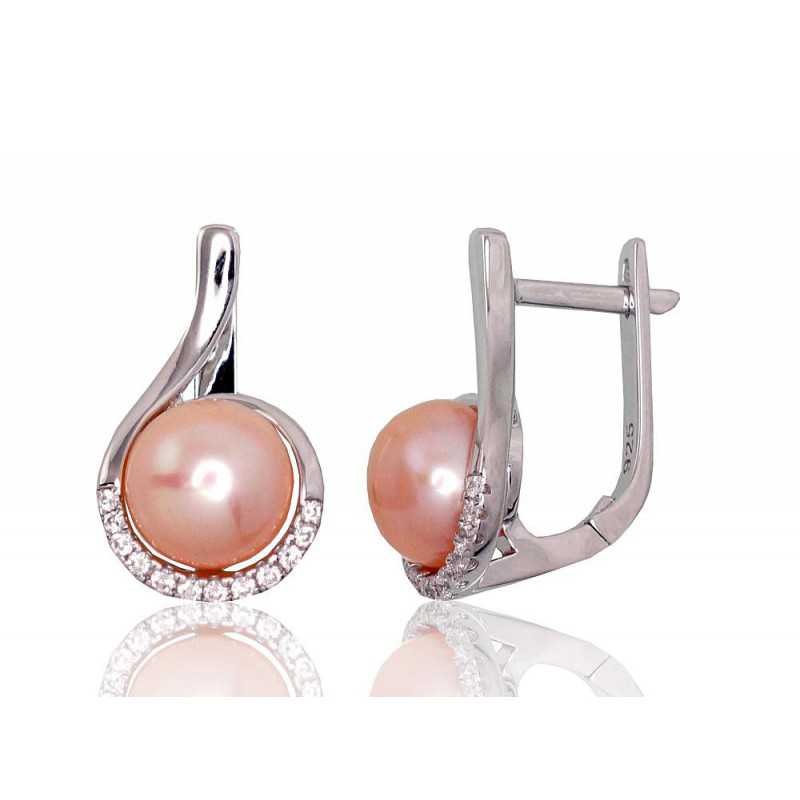 925°, Silver earrings with english lock, Zirkons , Fresh-water Pearl , 2202933(PRh-Gr)_CZ+PE-PI
