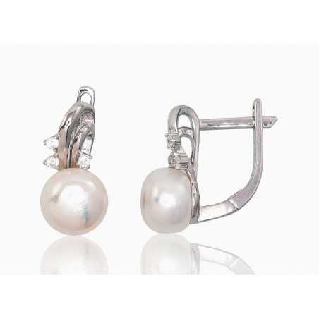 925°, Silver earrings with english lock, Zirkons , Fresh-water Pearl , 2202934(PRh-Gr)_CZ+PE