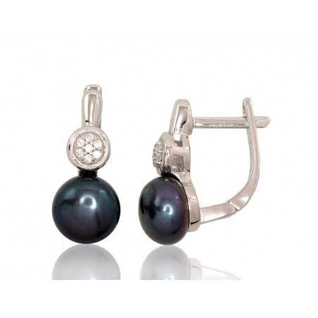 925°, Silver earrings with english lock, Zirkons , Fresh-water Pearl , 2202935(PRh-Gr)_CZ+PE-BK