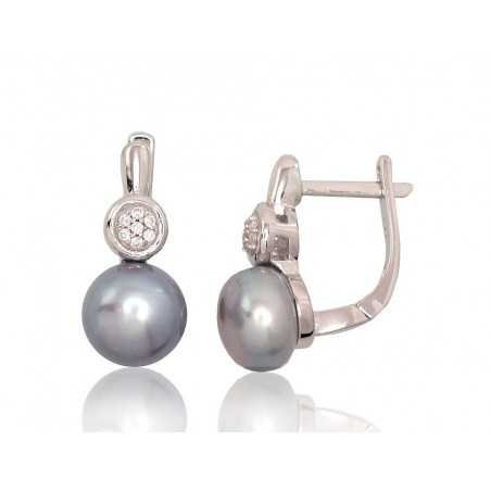 925°, Silver earrings with english lock, Zirkons , Fresh-water Pearl , 2202935(PRh-Gr)_CZ+PE-GR