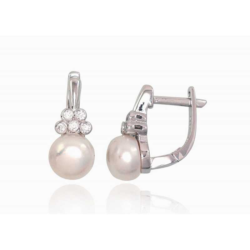 925°, Silver earrings with english lock, Zirkons , Fresh-water Pearl , 2202937(PRh-Gr)_CZ+PE