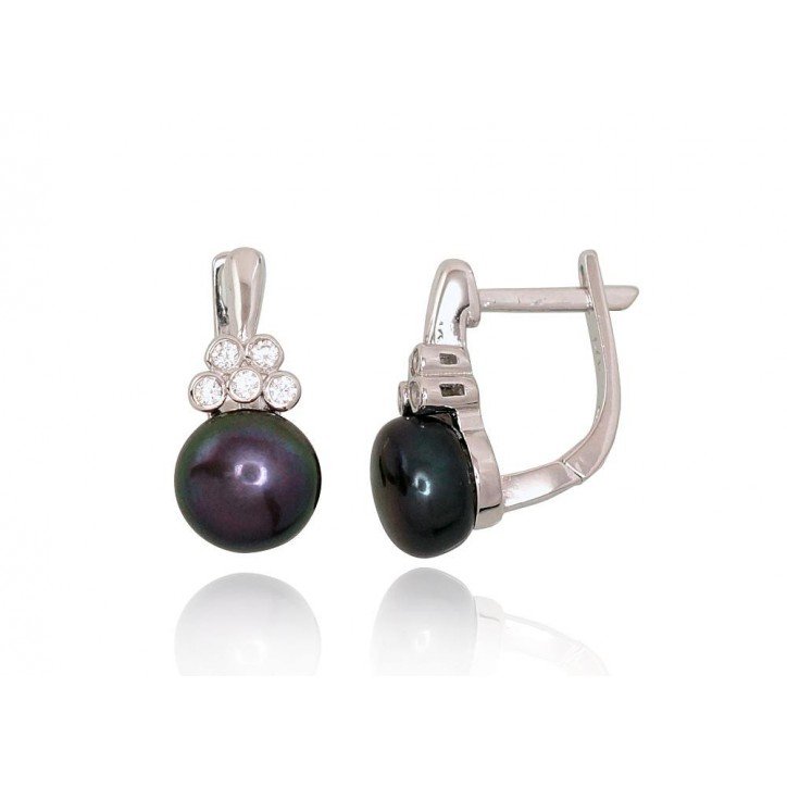 925°, Silver earrings with english lock, Zirkons , Fresh-water Pearl , 2202937(PRh-Gr)_CZ+PE-BK