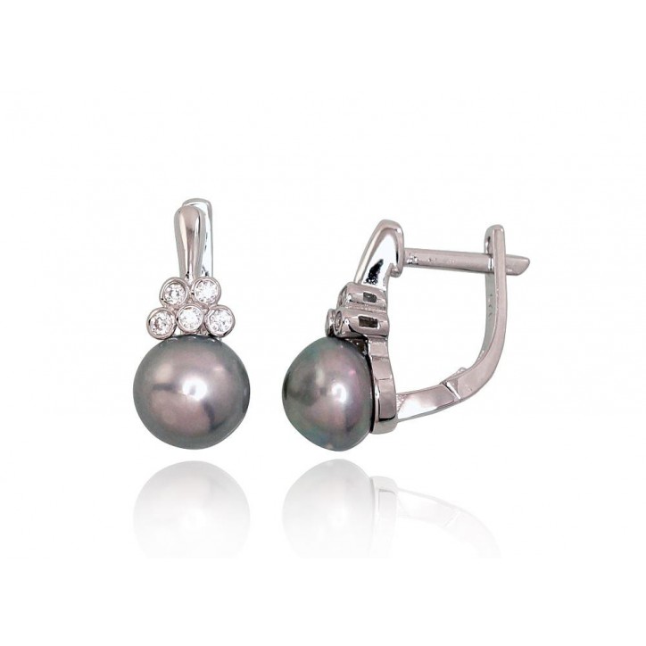 925°, Silver earrings with english lock, Zirkons , Fresh-water Pearl , 2202937(PRh-Gr)_CZ+PE-GR