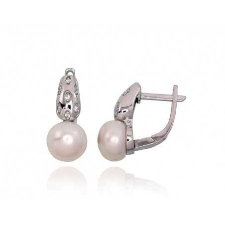 925°, Silver earrings with english lock, Zirkons , Fresh-water Pearl , 2202938(PRh-Gr)_CZ+PE