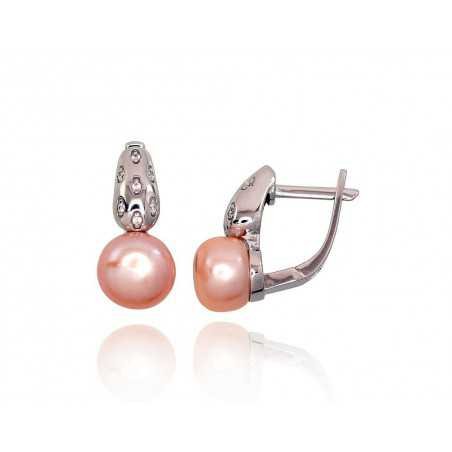 925°, Silver earrings with english lock, Zirkons , Fresh-water Pearl , 2202938(PRh-Gr)_CZ+PE-PI