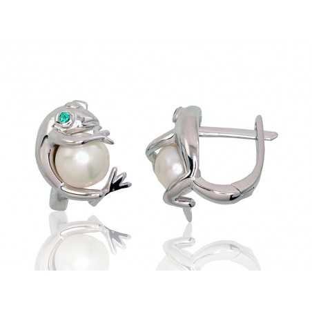 925°, Silver earrings with english lock, Zirkons , Fresh-water Pearl , 2202939(PRh-Gr)_CZ-G+PE