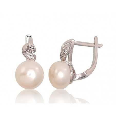 925°, Silver earrings with english lock, Zirkons , Fresh-water Pearl , 2202940(PRh-Gr)_CZ+PE