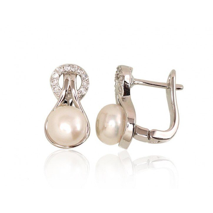 925°, Silver earrings with english lock, Zirkons , Fresh-water Pearl , 2203147(PRh-Gr)_CZ+PE