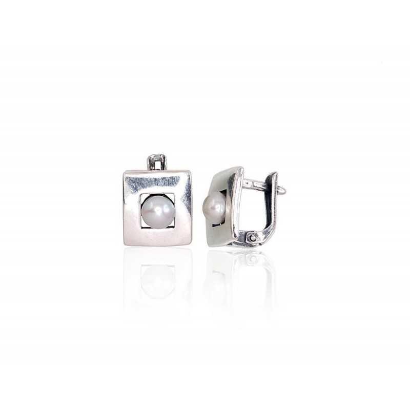 925°, Silver earrings with english lock, Fresh-water Pearl , 2203273(POx-Bk)_PE
