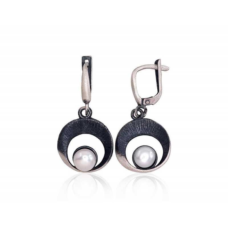 925°, Silver earrings with english lock, Fresh-water Pearl , 2203278(Matt+POx-MattBk)_PE