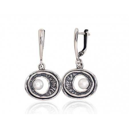 925°, Silver earrings with english lock, Fresh-water Pearl , 2203279(POx-Bk)_PE