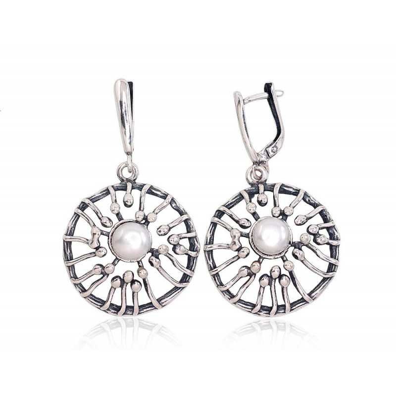 925°, Silver earrings with english lock, Fresh-water Pearl , 2203281(POx-Bk)_PE