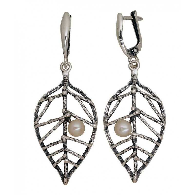 925°, Silver earrings with english lock, Fresh-water Pearl , 2203535(POx-Bk)_PE