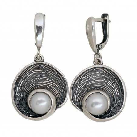 925°, Silver earrings with english lock, Fresh-water Pearl , 2203537(POx-Bk)_PE