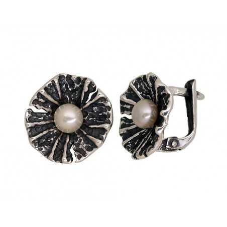925°, Silver earrings with english lock, Fresh-water Pearl , 2203542(POx-Bk)_PE