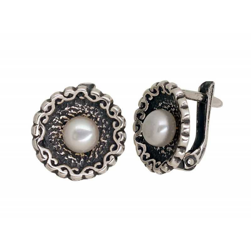 925°, Silver earrings with english lock, Fresh-water Pearl , 2203544(POx-Bk)_PE
