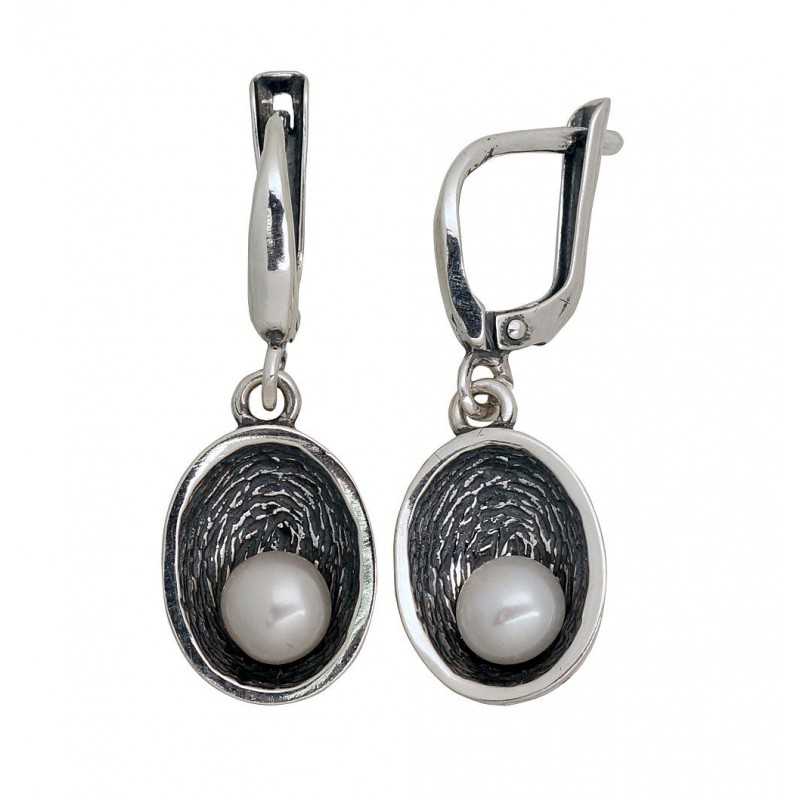 925°, Silver earrings with english lock, Fresh-water Pearl , 2203545(POx-Bk)_PE