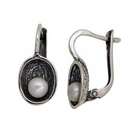 925°, Silver earrings with english lock, Fresh-water Pearl , 2203546(POx-Bk)_PE