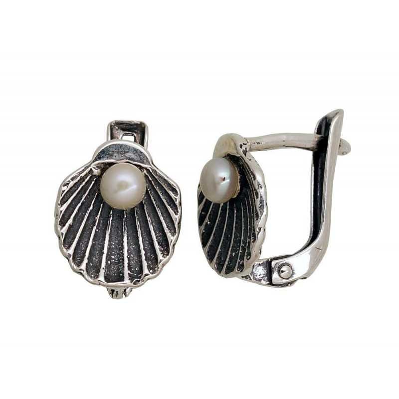 925°, Silver earrings with english lock, Fresh-water Pearl , 2203547(POx-Bk)_PE