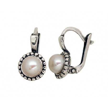 925°, Silver earrings with english lock, Fresh-water Pearl , 2203548(POx-Bk)_PE
