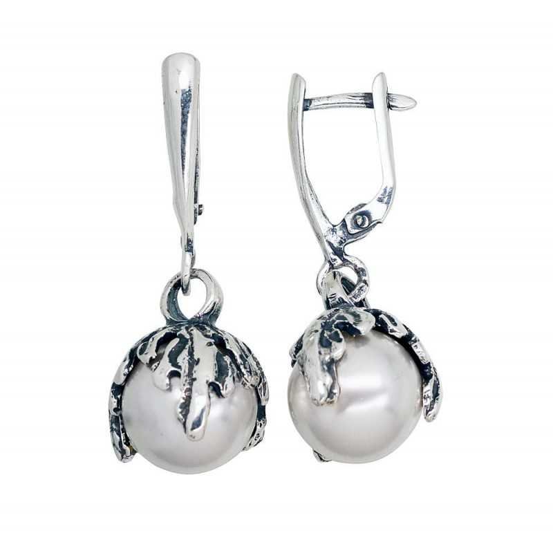 925°, Silver earrings with english lock, Fresh-water Pearl , 2203554(POx-Bk)_PESN