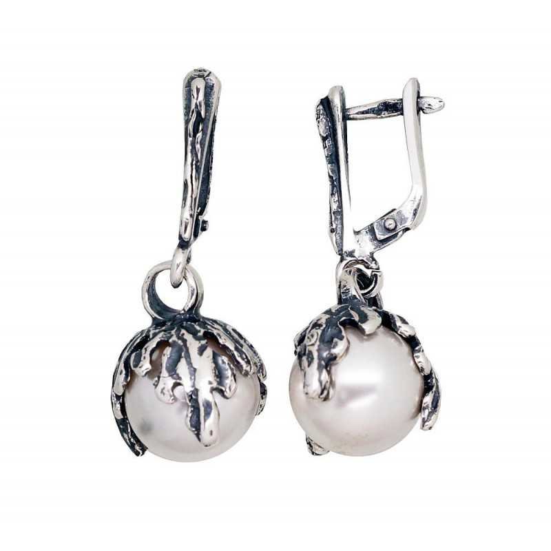 925°, Silver earrings with english lock, Fresh-water Pearl , 2203555(POx-Bk)_PESN