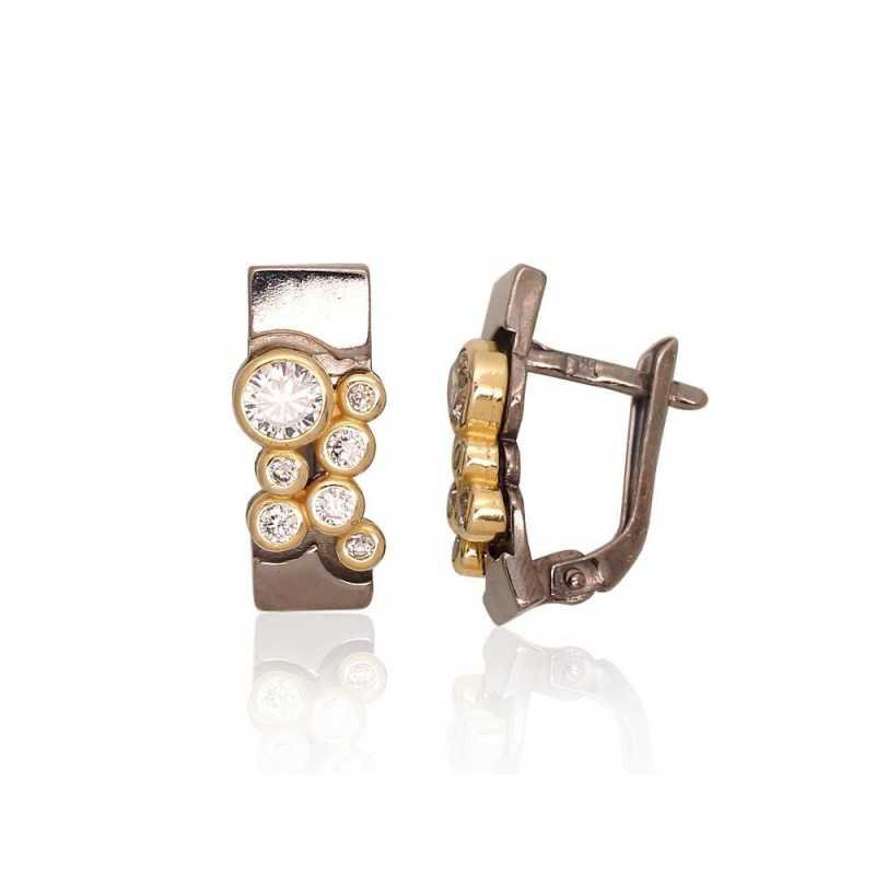 925° Silver earrings with english lock, Gold plated, 2203580(PRh-Bk+PAu-Y)_CZ