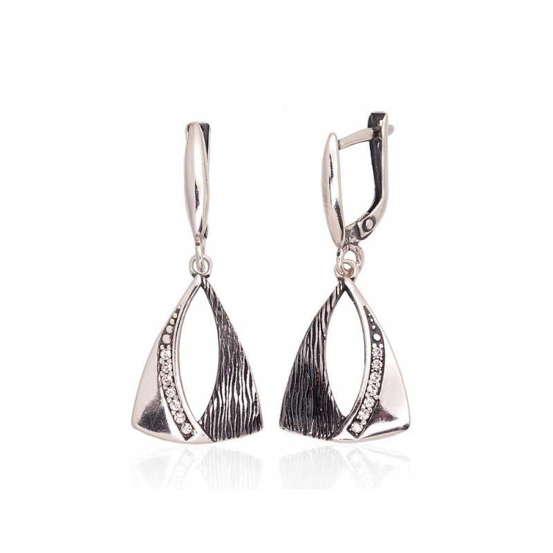 925°, Silver earrings with english lock, Zirkons , 2203602(POx-Bk+PRh-Bk)_CZ